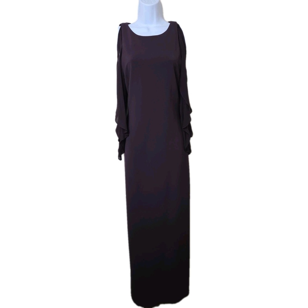 Parker Black Evening Gown Maxi Dress Formal Size 8 Crepe Flutter Plum Sleeveless